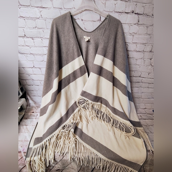 Sundance Sweaters - Sundance Wool Blend Fringed Poncho Open Knit Striped Cape One Size Bohemian